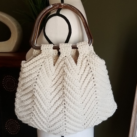 Vintage 1970s Boho Hand Crafted Crochet Knit Tortoise Handle Handbag - Picture 8 of 12